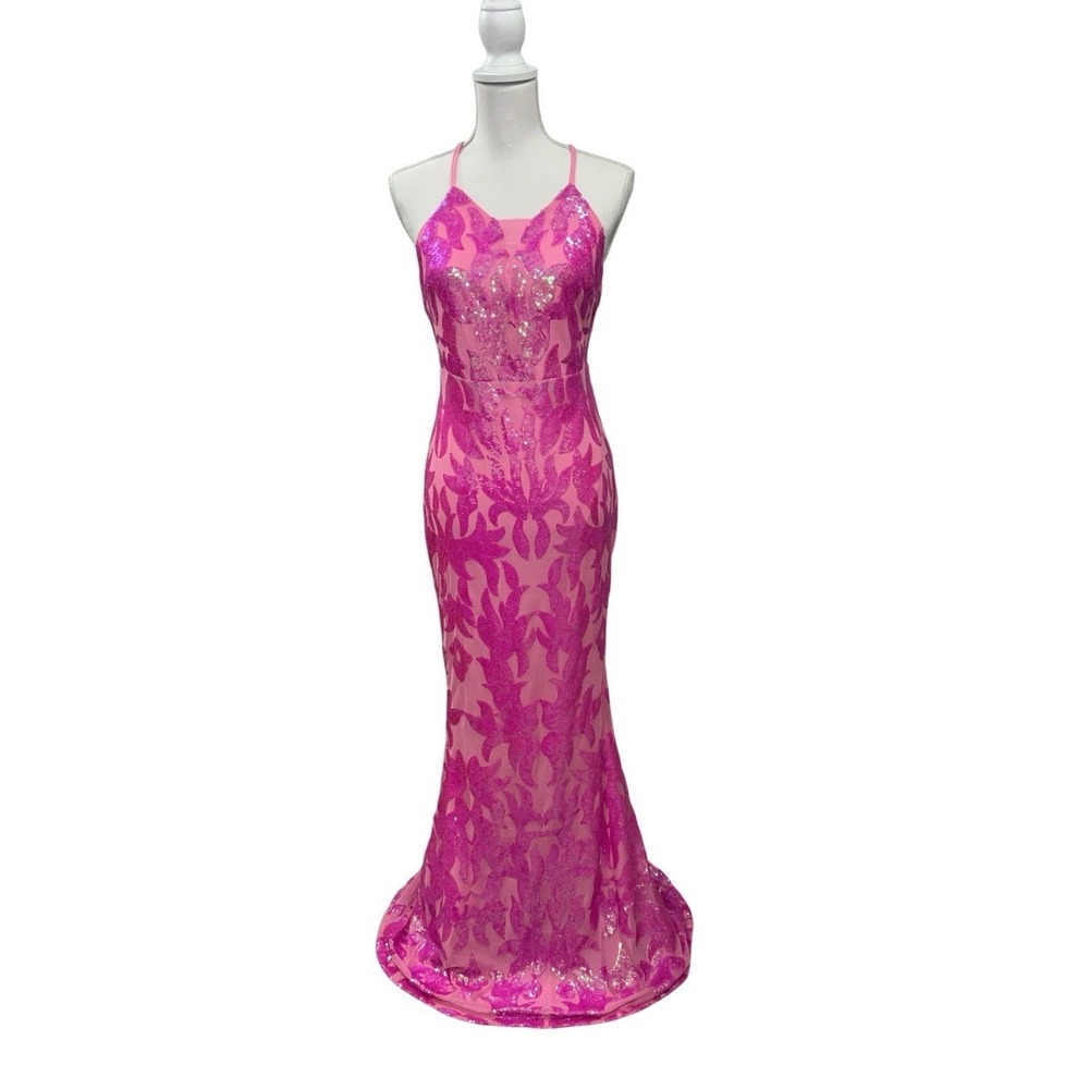 Faeriesty L Hot Pink Sequin Mermaid Prom Dress‎ Gown Square Neck Formal Pageant